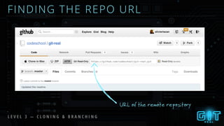 FINDING THE REPO URL
URL of the remote repository
L E V E L 3 — C L O N I N G & B R A N C H I N G
 