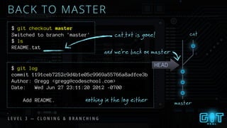commit 1191ceb7252c9d4b1e05c9969a55766a8adfce3b
Author: Gregg <gregg@codeschool.com>
Date: Wed Jun 27 23:11:20 2012 -0700
Add README.
master
cat
BACK TO MASTER
$ git checkout master
HEAD
and we’re back on master
cat.txt is gone!
$ git log
nothing in the log either
Switched to branch 'master'
$ ls
README.txt
L E V E L 3 — C L O N I N G & B R A N C H I N G
 