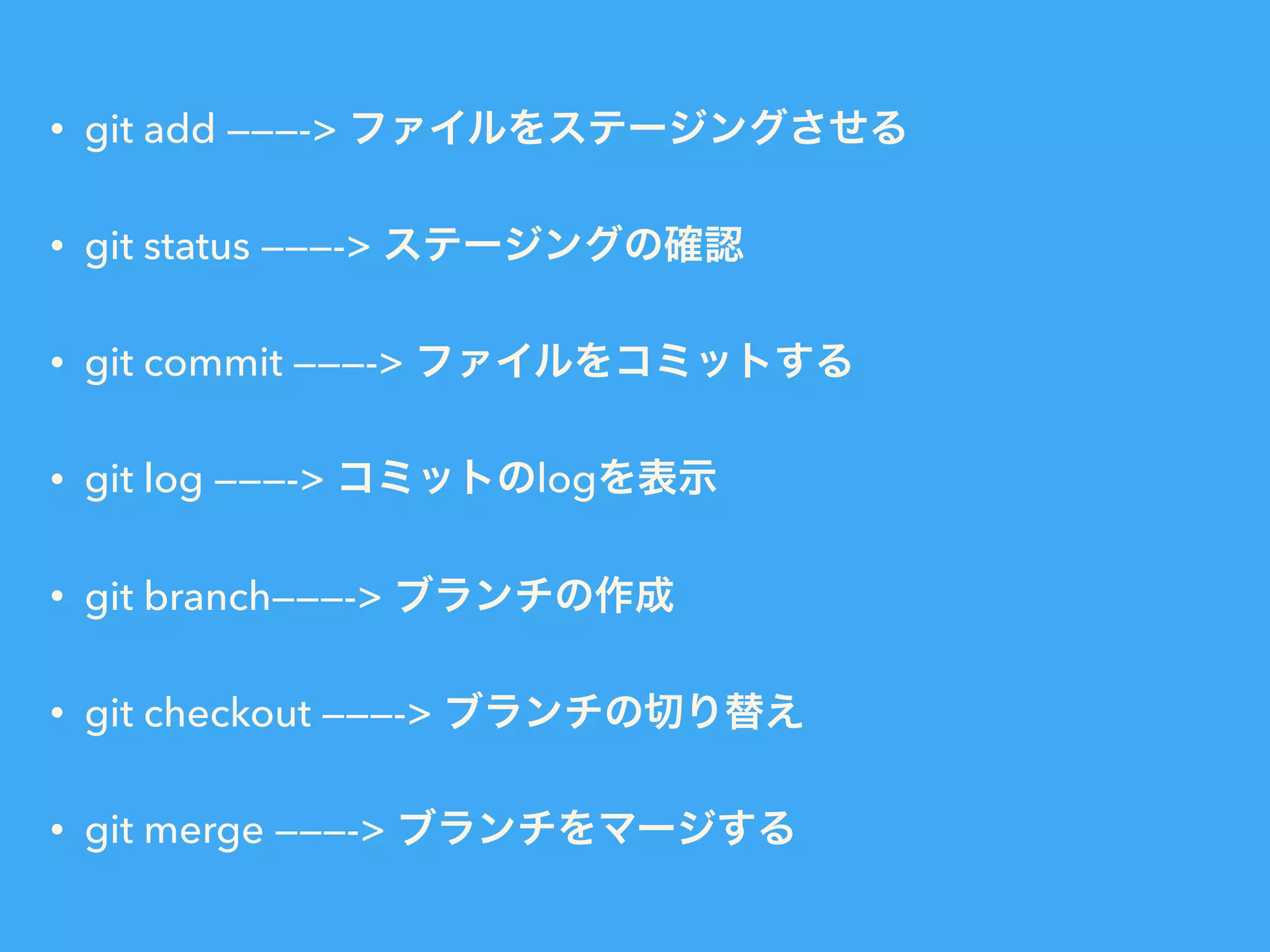 • git add ———-> ファイルをステージングさせる
• git status ———-> ステージングの確認
• git commit ———-> ファイルをコミットする
• git log ———-> コミットのlogを表示
• git branch———-> ブランチの作成
• git checkout ———-> ブランチの切り替え
• git merge ———-> ブランチをマージする
 