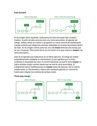 Fast forward:
En la imagen de la izquierda, observamos la rama principal main (nuestro
master). A partir de esta rama se creó una rama secundaria. Al ejecutar git
merge, ambas ramas se unieron y se generó un nuevo commit de combinación
(merge commit) que integró los cambios realizados en la rama secundaria dentro
de main. En la imagen vemos como es una ruta lineal entre las dos ramas que
se van a fusionar. Pero como tal no es una fusión si no que mueve a master a la
rama secundaria.
Este es el ejemplo que realizamos en el último ejercicio. El merge se realizó
automáticamente mediante un fast-forward, lo que significa que no hubo
conflictos ni necesidad de crear un commit adicional, ya que la rama master no
había recibido ningún cambio desde que se creó la rama secundaria. Si
hubiéramos hecho modificaciones en master antes de fusionar, Git no habría
podido hacer un fast-forward y habría sido necesario generar un commit de
fusión para integrar los cambios de ambas ramas.
Three-way marge:
 
