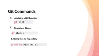 Git Commands
15
1. Initializing a Git Repository
2.
git init
Repository Status
git status
3.Adding files to Repository
git add file [file] [file..]
 