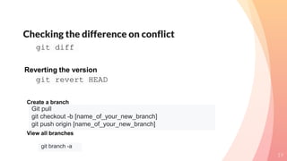 Checking the difference on conflict
19
git diff
git revert HEAD
Reverting the version
Git pull
git checkout -b [name_of_your_new_branch]
git push origin [name_of_your_new_branch]
Create a branch
git branch -a
View all branches
 