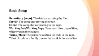 9
Basic Setup
Repository (repo): The database storing the files.
Server: The computer storing the repo.
Client: The computer connecting to the repo.
Working Set/Working Copy: Your local directory of files,
where you make changes.
Trunk/Main: The primary location for code in the repo.
Think of code as a family tree — the trunk is the main line.
 