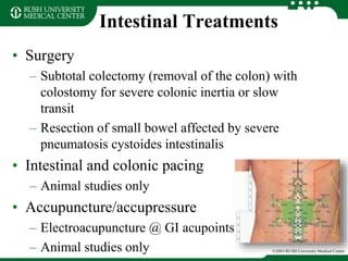 Intestinal Treatments
• Surgery
– Subtotal colectomy (removal of the colon) with
colostomy for severe colonic inertia or slow
transit
– Resection of small bowel affected by severe
pneumatosis cystoides intestinalis
• Intestinal and colonic pacing
– Animal studies only
• Accupuncture/accupressure
– Electroacupuncture @ GI acupoints
– Animal studies only ©2003 RUSH University Medical Center
 