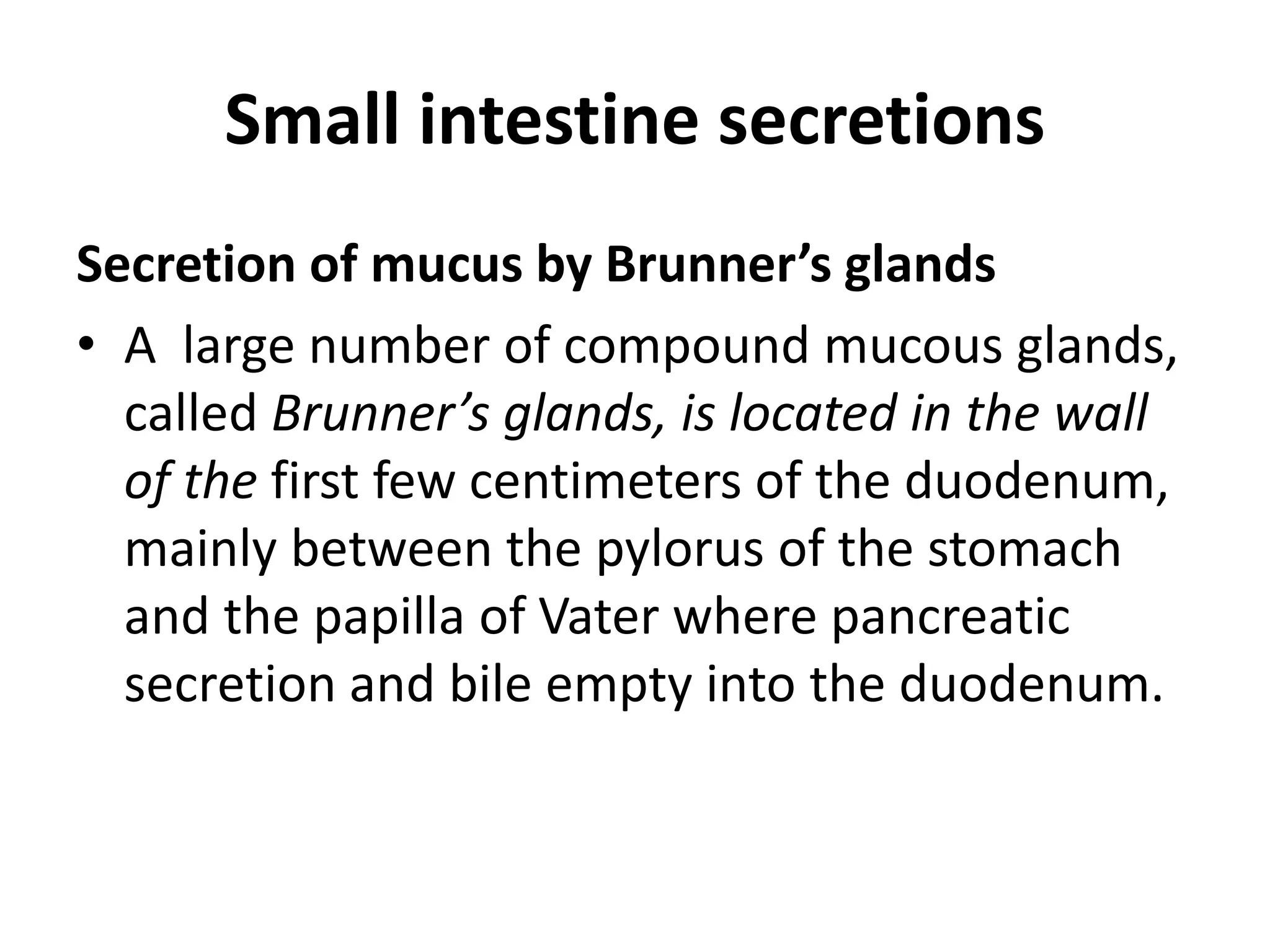 Small intestine secretions
Secretion of mucus by Brunner’s glands
• A large number of compound mucous glands,
called Brunner’s glands, is located in the wall
of the first few centimeters of the duodenum,
mainly between the pylorus of the stomach
and the papilla of Vater where pancreatic
secretion and bile empty into the duodenum.
 