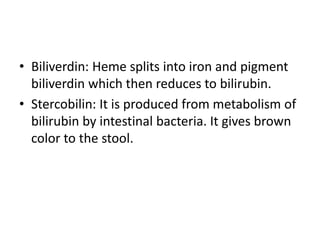 • Biliverdin: Heme splits into iron and pigment
biliverdin which then reduces to bilirubin.
• Stercobilin: It is produced from metabolism of
bilirubin by intestinal bacteria. It gives brown
color to the stool.
 