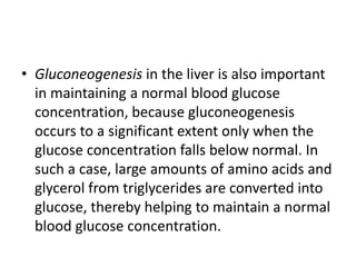 • Gluconeogenesis in the liver is also important
in maintaining a normal blood glucose
concentration, because gluconeogenesis
occurs to a significant extent only when the
glucose concentration falls below normal. In
such a case, large amounts of amino acids and
glycerol from triglycerides are converted into
glucose, thereby helping to maintain a normal
blood glucose concentration.
 