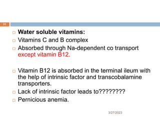 3/27/2023
31
 Water soluble vitamins:
 Vitamins C and B complex
 Absorbed through Na-dependent co transport
except vitamin B12.
 Vitamin B12 is absorbed in the terminal ileum with
the help of intrinsic factor and transcobalamine
transporters.
 Lack of intrinsic factor leads to????????
 Pernicious anemia.
 