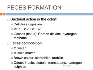 FECES FORMATION
3/27/2023
42
 Bacterial action in the colon:
 Cellulose digestion
 Vit K, B12, B1, B2
 Gasses (flatus): Carbon dioxide, hydrogen,
methane.
 Feces composition:
 ¾ water
 ¼ solid matter
 Brown colour: stercobilin, urobilin
 Odour: indole, skatole, mercaptans, hydrogen
sulphide
 