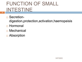 FUNCTION OF SMALL
INTESTINE
3/27/2023
5
 Secretion-
digestion,protection,activation,haemopeisis
 Hormonal
 Mechanical
 Absorption
 