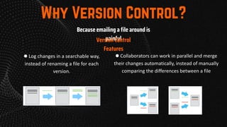 Because emailing a file around is
painful
● Log changes in a searchable way,
instead of renaming a file for each
version.
● Collaborators can work in parallel and merge
their changes automatically, instead of manually
comparing the differences between a file
Version Control
Features
 