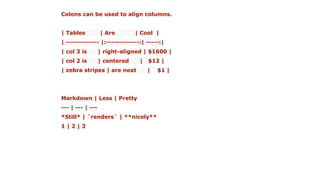 Colons can be used to align columns.
| Tables | Are | Cool |
| ------------- |:-------------:| -----:|
| col 3 is | right-aligned | $1600 |
| col 2 is | centered | $12 |
| zebra stripes | are neat | $1 |
Markdown | Less | Pretty
--- | --- | ---
*Still* | `renders` | **nicely**
1 | 2 | 3
 