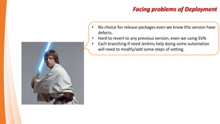 Facing problems of Deployment
• No choice for release packages even we know this version
have defects.
• Hard to revert to any previous version, even we using SVN.
• If we need Jenkins help doing some automation with branch
out new repository . Always will need to modify/add some
steps of setting of Jenkins.
 