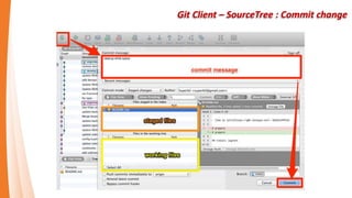 Git Client - SourceTree
SourceTree is a free Mercurial and Git Client for Windows and Mac that provides a graphical interface for
your Hg and Git repositories.
Source Tree 簡介
 