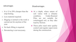 Advantages
1. It is 15 to 20% cheaper than the
strip footing.
2. Less material required.
3. Digging is normal so the work is
carried out for anytime of the
year.
4. No back filling is required.
5. Dewatering is not necessary.
Disadvantages
 At a depth, where nature of
soil varies with a climatic
condition, Under-Reamed
Piles are not suitable for
waterlogged soil, as they take
load by friction.
 These piles need strict quality
control and regular supervision
during the construction.
 