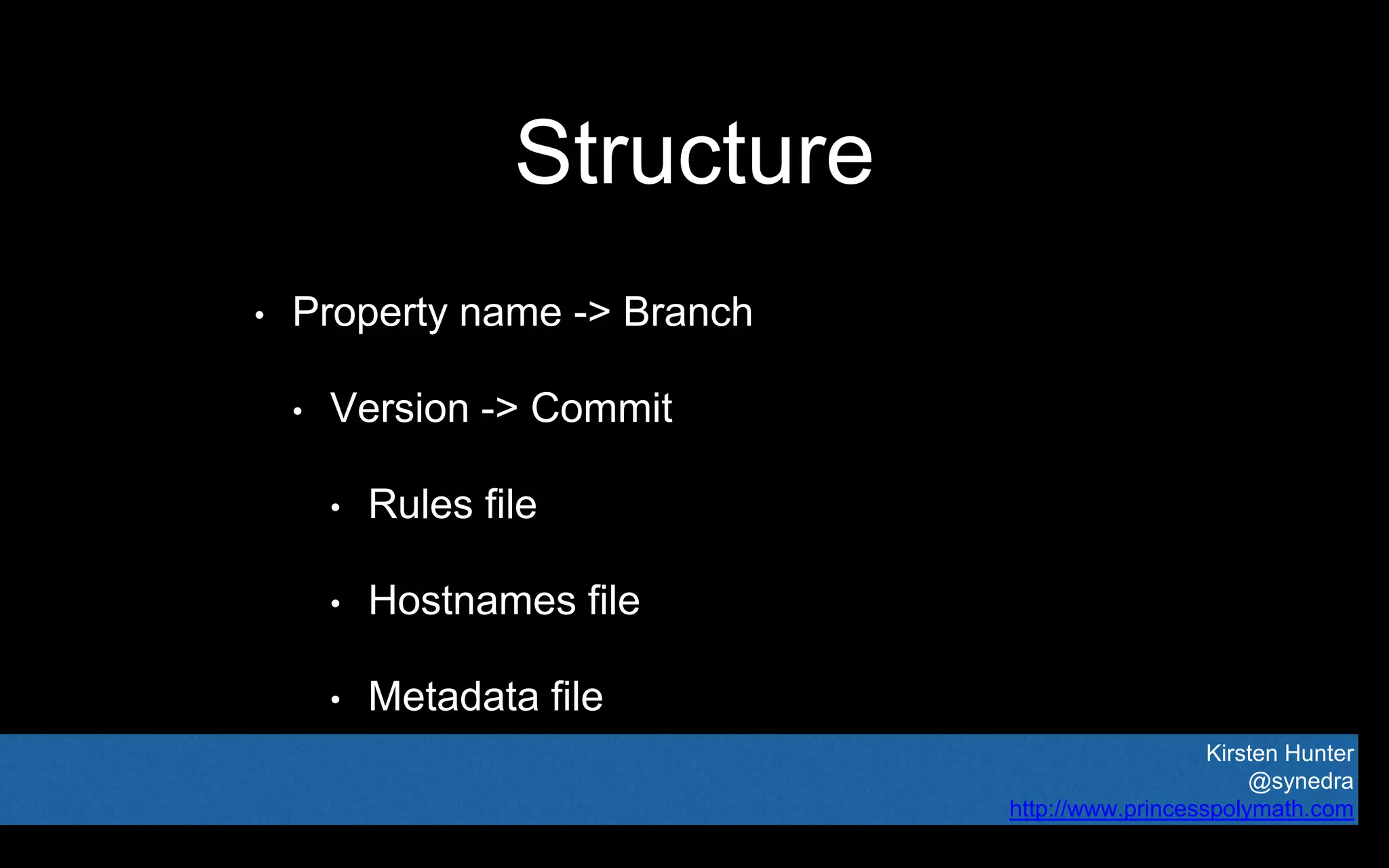 Kirsten Hunter
@synedra
http://www.princesspolymath.com
Structure
• Property name -> Branch
• Version -> Commit
• Rules file
• Hostnames file
• Metadata file
 