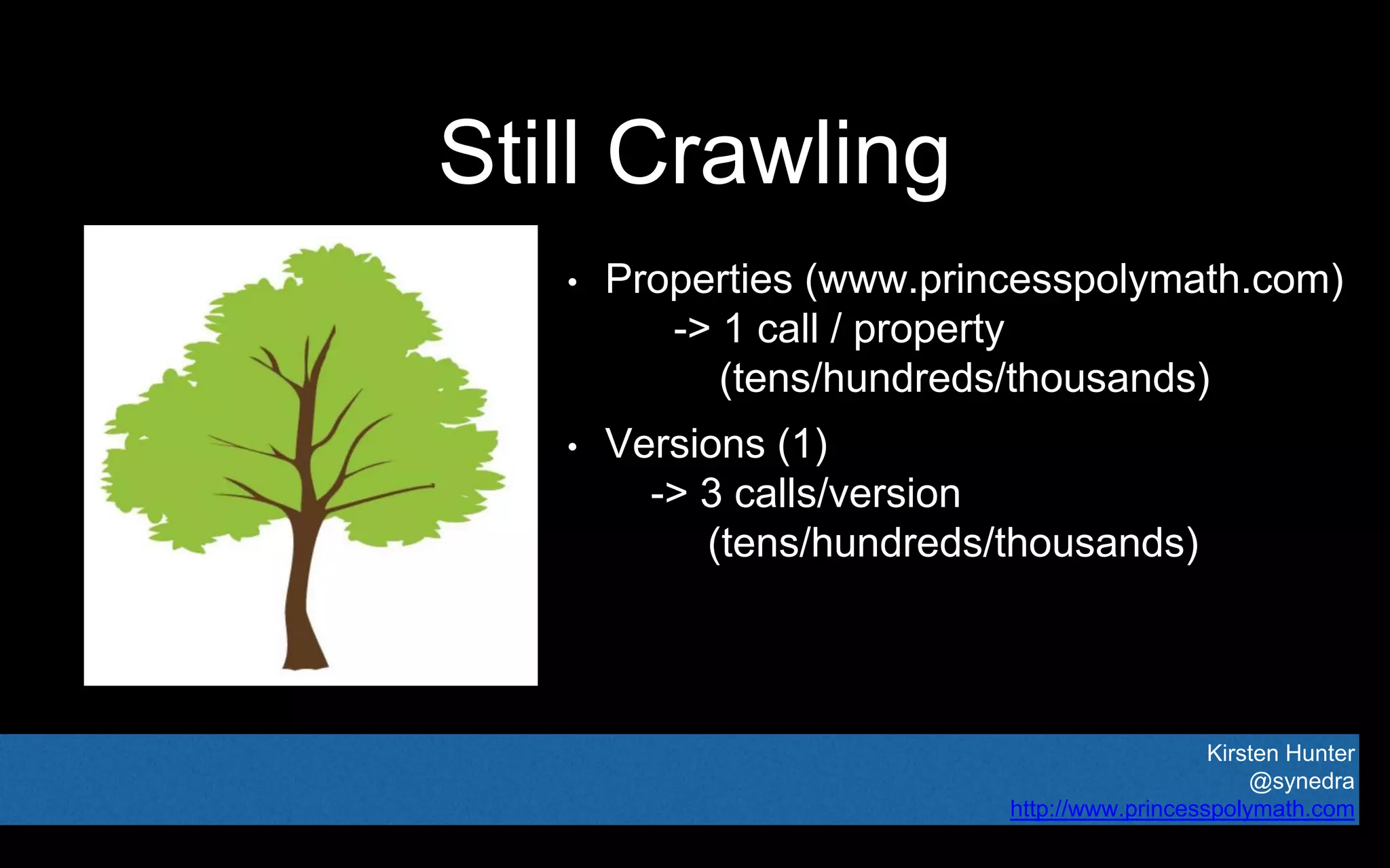 Kirsten Hunter
@synedra
http://www.princesspolymath.com
Still Crawling
• Properties (www.princesspolymath.com)
-> 1 call / property
(tens/hundreds/thousands)
• Versions (1)
-> 3 calls/version
(tens/hundreds/thousands)
 
