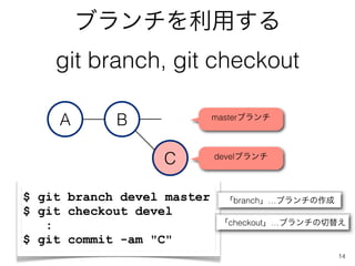 ֥ä
    git branch, git checkout

    A       B               master֥




                  C         devel֥



$ git branch devel master     branch֥
$ git checkout devel
   :                         checkout֥椨

$ git commit -am "C"
                                                 14
 