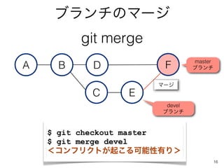 ֥Υީ`
         git merge
                               master
A    B     D          F        ֥


                     ީ`
           C    E
                       devel
                      ֥



    $ git checkout master
    $ git merge devel
    եꥯȤ𤳤Фꣾ
                                        16
 