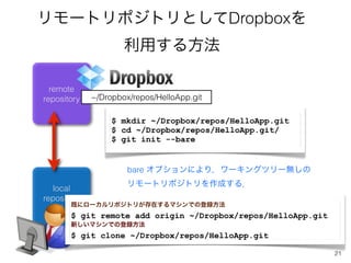 `ȥݥȥȤƶٰǱǳ
                     ä뷽

  remote
repository   ~/Dropbox/repos/HelloApp.git

                  $ mkdir ~/Dropbox/repos/HelloApp.git
                  $ cd ~/Dropbox/repos/HelloApp.git/
                  $ git init --bare


                      bare ץˤ꣬`󥰥ĥ`o
                   `ȥݥȥɤ룮
  local
repository
    A Ȥ˥`ݥȥ꤬ڤޥǤεh
        $ git remote add origin ~/Dropbox/repos/HelloApp.git
       ¤ޥǤεh
       $ git clone ~/Dropbox/repos/HelloApp.git

                                                               21
 