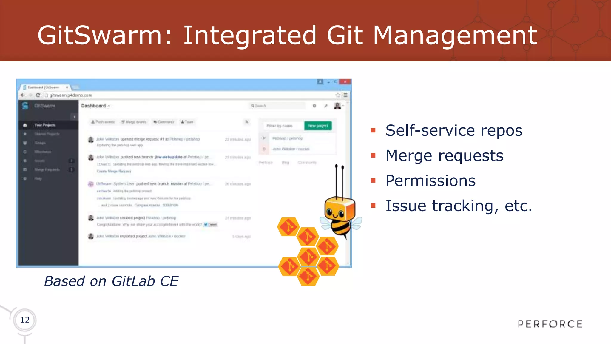 12 GitSwarm: Integrated Git Management  Self-service repos  Merge requests  Permissions  Issue tracking, etc. Based on GitLab CE 