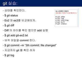github 실습
1. Git 환경
-> 가상화 환경으로 리눅스 설치
2. Github 회원 가입
3. git 실습 (basic)
-> https://www.github.com
-> 리눅스 터미널 환경(cli) 실습
 