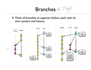 Branches & Tags
• Think of branches as separate folders, each with it’s
  own content and history.
 