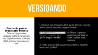 VERSIOANDO
Enviando para o
repositório remoto

Até então o projeto estava
versionado localmente. Para envia-lo
para o repositório remoto, criado pelo
Github, é simples! Basta realizar um
push.

1. No primeiro envio é necessário definir qual é o branch e o remote de
destino, para isso executamos o seguinte comando:

➜ gitlikeaboss git
push origin master

obs: Origin é o repositório
remoto criado pelo Github e o
Master é o branch criado
incialmente.

2. Pronto, agora você pode visualizar seus arquivos no repositório
remoto, isto é, no Github.

 