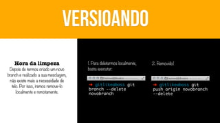 VERSIOANDO
Hora da limpeza

Depois de termos criado um novo
branch e realizado a sua mesclagem,
não existe mais a necessidade de
telo. Por isso, iremos remove-lo
localmente e remotamente.

1. Para deletarmos localmente,
basta executar:

2. Removido!

➜ gitlikeaboss git
branch --delete
novobranch

➜ gitlikeaboss git
push origin novobranch
--delete

 