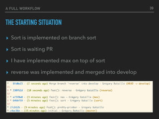 A FULL WORKFLOW
THE STARTING SITUATION
▸ Sort is implemented on branch sort
▸ Sort is waiting PR
▸ I have implemented max on top of sort
▸ reverse was implemented and merged into develop
39
 