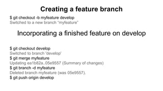 Creating a feature branch
$ git checkout -b myfeature develop
Switched to a new branch “myfeature”
Incorporating a finished feature on develop
$ git checkout develop
Switched to branch 'develop'
$ git merge myfeature
Updating ea1b82a..05e9557 (Summary of changes)
$ git branch -d myfeature
Deleted branch myfeature (was 05e9557).
$ git push origin develop
 