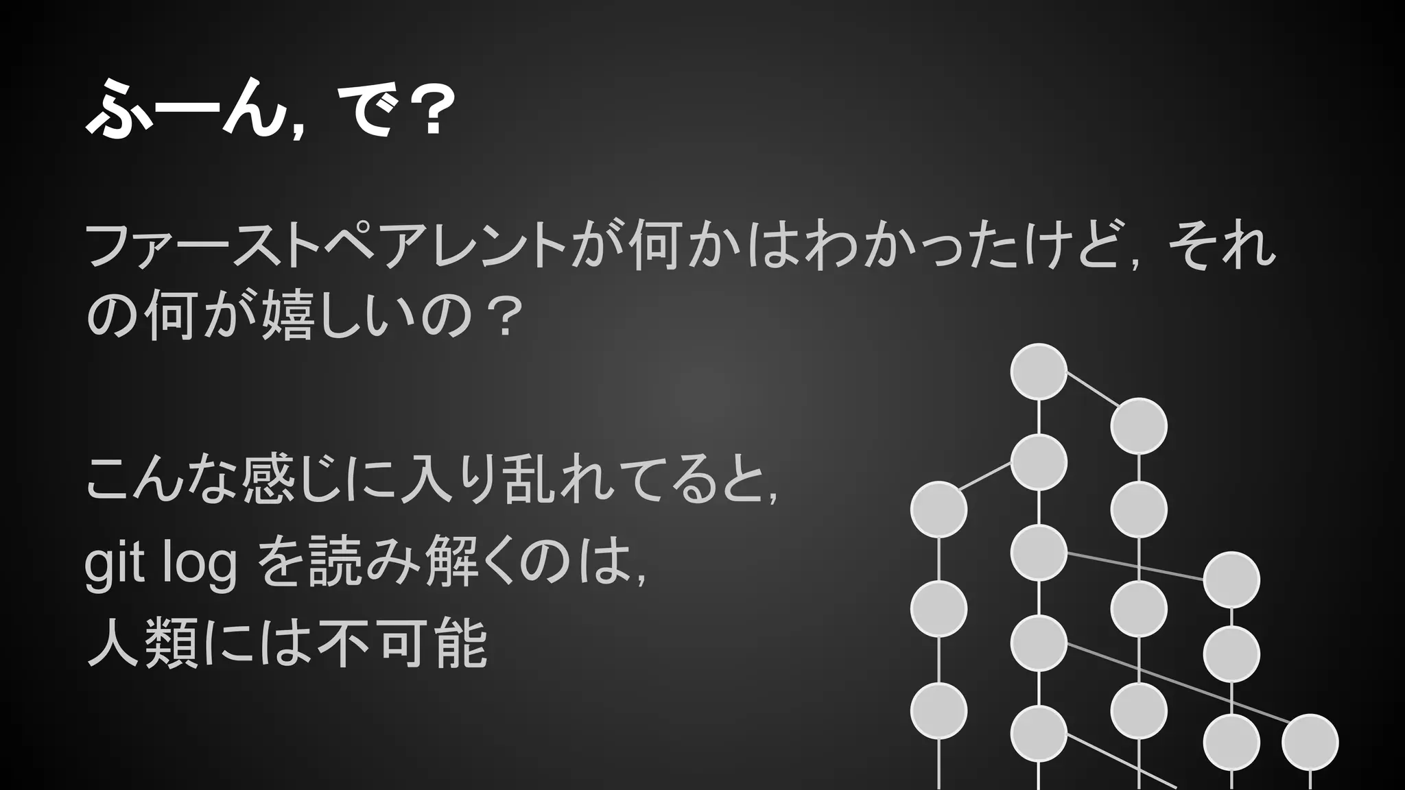 ファーストペアレントが何かはわかったけど，それ
の何が嬉しいの？
こんな感じに入り乱れてると，
git log を読み解くのは，
人類には不可能
ふーん，で？
 