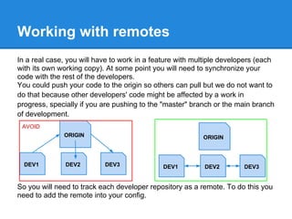 Working with remotes
In a real case, you will have to work in a feature with multiple developers (each
with its own working copy). At some point you will need to synchronize your
code with the rest of the developers.
You could push your code to the origin so others can pull but we do not want to
do that because other developers' code might be affected by a work in
progress, specially if you are pushing to the "master" branch or the main branch
of development.
 AVOID
              ORIGIN                                      ORIGIN



  DEV1         DEV2        DEV3              DEV1          DEV2        DEV3


So you will need to track each developer repository as a remote. To do this you
need to add the remote into your config.
 