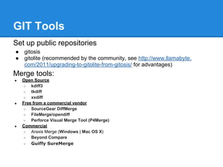 GIT Tools
Set up public repositories
●   gitosis
●   gitolite (recommended by the community, see http://www.llamabyte.
    com/2011/upgrading-to-gitolite-from-gitosis/ for advantages)
Merge tools:
●   Open Source
     ○  kdiff3
     ○  tkdiff
     ○  xxdiff
●   Free from a commercial vendor
     ○  SourceGear DiffMerge
     ○  FileMerge/opendiff
     ○  Perforce Visual Merge Tool (P4Merge)
●   Commercial
     ○  Araxis Merge (Windows | Mac OS X)
     ○  Beyond Compare
     ○  Guiffy SureMerge
 