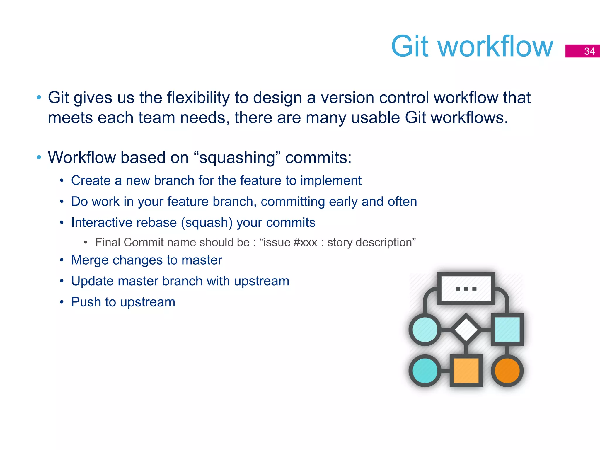 Git workflow
• Git gives us the flexibility to design a version control workflow that
meets each team needs, there are many usable Git workflows.
• Workflow based on “squashing” commits:
• Create a new branch for the feature to implement
• Do work in your feature branch, committing early and often
• Interactive rebase (squash) your commits
• Final Commit name should be : “issue #xxx : story description”
• Merge changes to master
• Update master branch with upstream
• Push to upstream
34
 