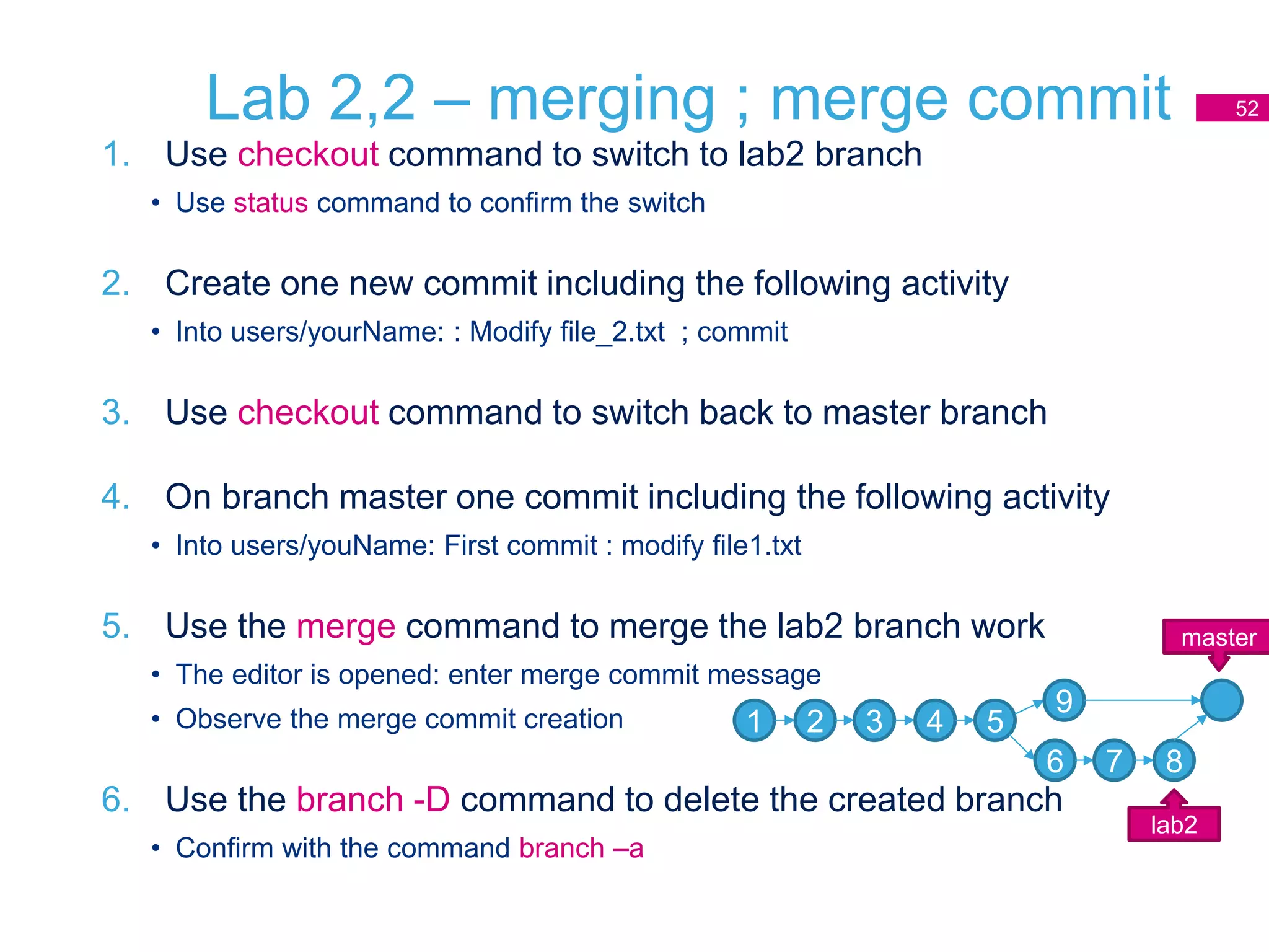 Lab 2,2 – merging ; merge commit
1. Use checkout command to switch to lab2 branch
• Use status command to confirm the switch
2. Create one new commit including the following activity
• Into users/yourName: : Modify file_2.txt ; commit
3. Use checkout command to switch back to master branch
4. On branch master one commit including the following activity
• Into users/youName: First commit : modify file1.txt
5. Use the merge command to merge the lab2 branch work
• The editor is opened: enter merge commit message
• Observe the merge commit creation
6. Use the branch -D command to delete the created branch
• Confirm with the command branch –a
52
1 2 3 4 5
master
6 7 8
lab2
9
 