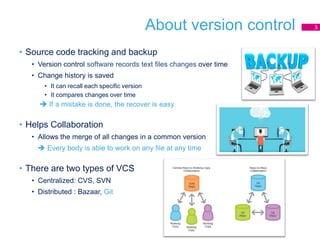 About version control
• Source code tracking and backup
• Version control software records text files changes over time
• Change history is saved
• It can recall each specific version
• It compares changes over time
 If a mistake is done, the recover is easy
• Helps Collaboration
• Allows the merge of all changes in a common version
 Every body is able to work on any file at any time
• There are two types of VCS
• Centralized: CVS, SVN
• Distributed : Bazaar, Git
3
 