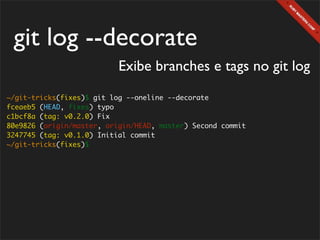 git log --decorate
                           Exibe branches e tags no git log
~/git-tricks(fixes)$ git log --oneline --decorate
fceaeb5 (HEAD, fixes) typo
c1bcf8a (tag: v0.2.0) Fix
80e9826 (origin/master, origin/HEAD, master) Second commit
3247745 (tag: v0.1.0) Initial commit
~/git-tricks(fixes)$
 