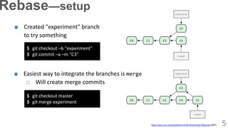 ■ Easiest way to integrate the branches is merge
□ Will create merge commits
https://git-scm.com/book/en/v1/Git-Branching-Rebasing (MIT)
$ git checkout master
$ git merge experiment
$ git checkout –b "experiment"
$ git commit –a –m "C3"
5
Rebase—setup
■ Created "experiment" branch
to try something
 