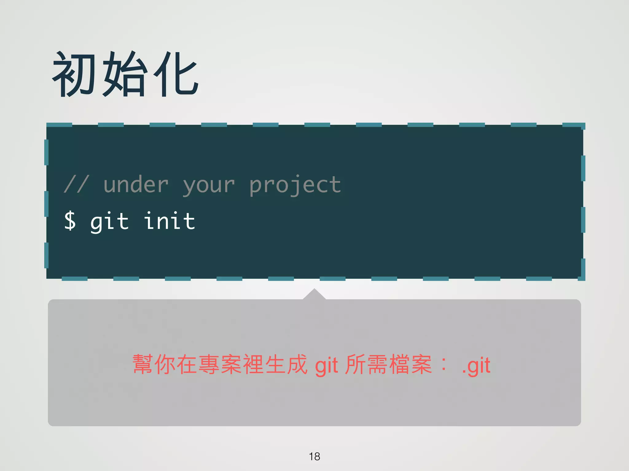 // under your project 	
$ git init
18
初始化
幫你在專案裡生成 git 所需檔案： .git
 