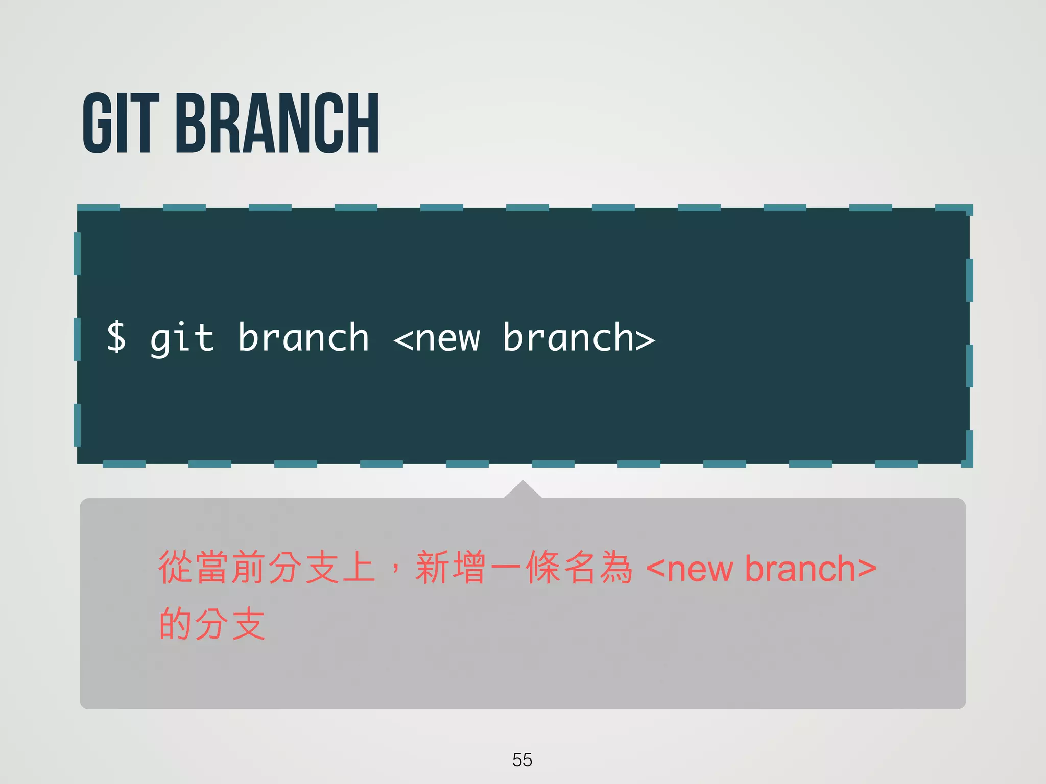 $ git branch <new branch>
55
git Branch
從當前分支上，新增一條名為 <new branch>  
的分支
 