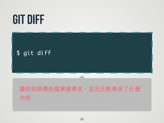 $ git diff
29
git diff
讓你知道哪些檔案被修改，並且比較修改了什麼
內容
 