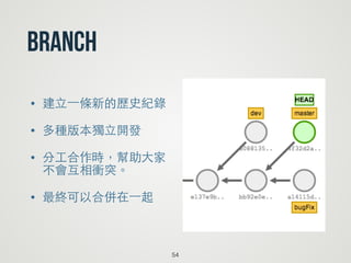 Branch
54
• 建⽴立⼀一條新的歷史紀錄
• 多種版本獨⽴立開發
• 分⼯工合作時，幫助⼤大家
不會互相衝突。
• 最終可以合併在⼀一起
 