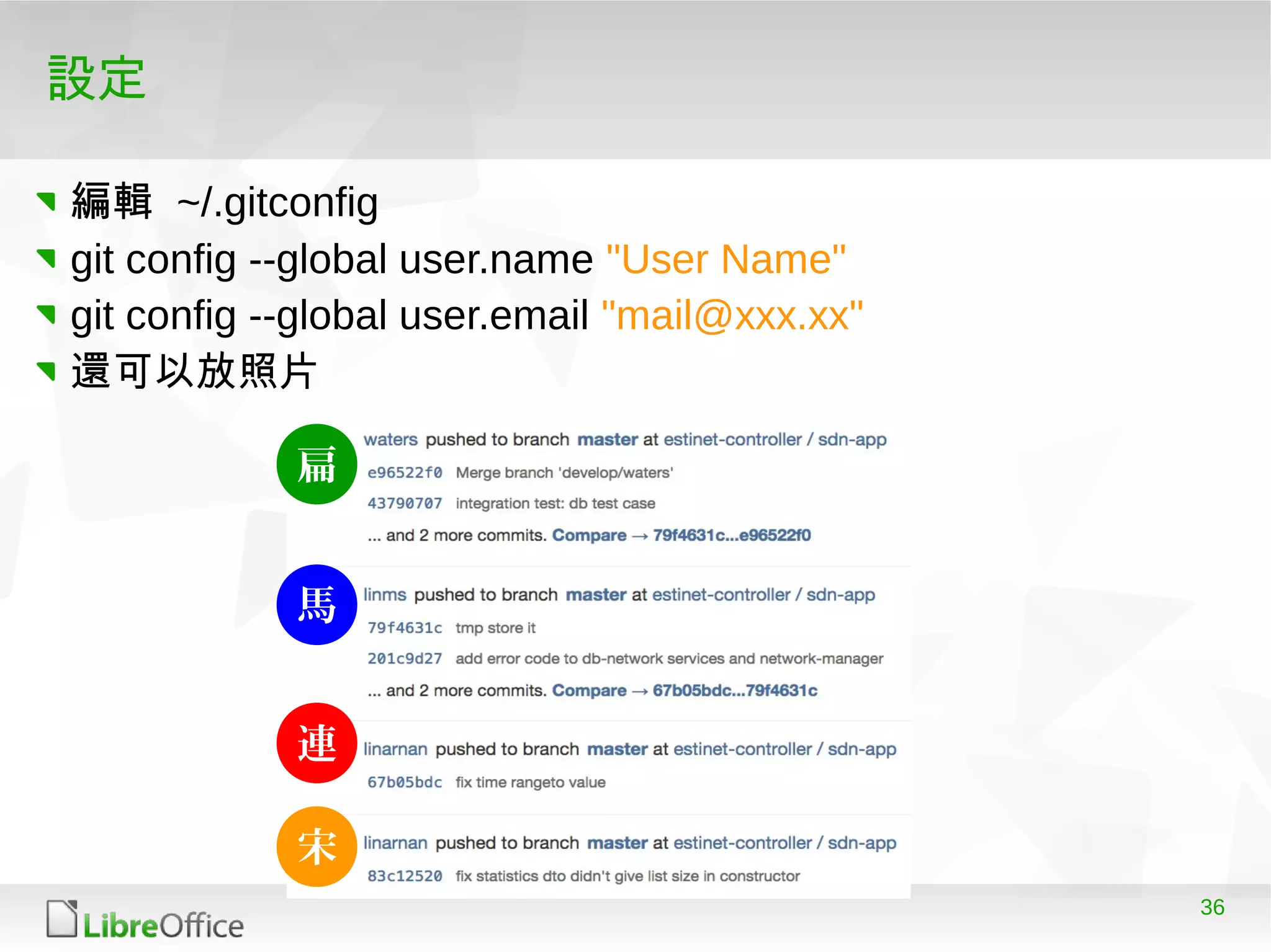 36
設定
編輯 ~/.gitconfig
git config --global user.name "User Name"
git config --global user.email "mail@xxx.xx"
還可以放照片
扁
馬
連
宋
 