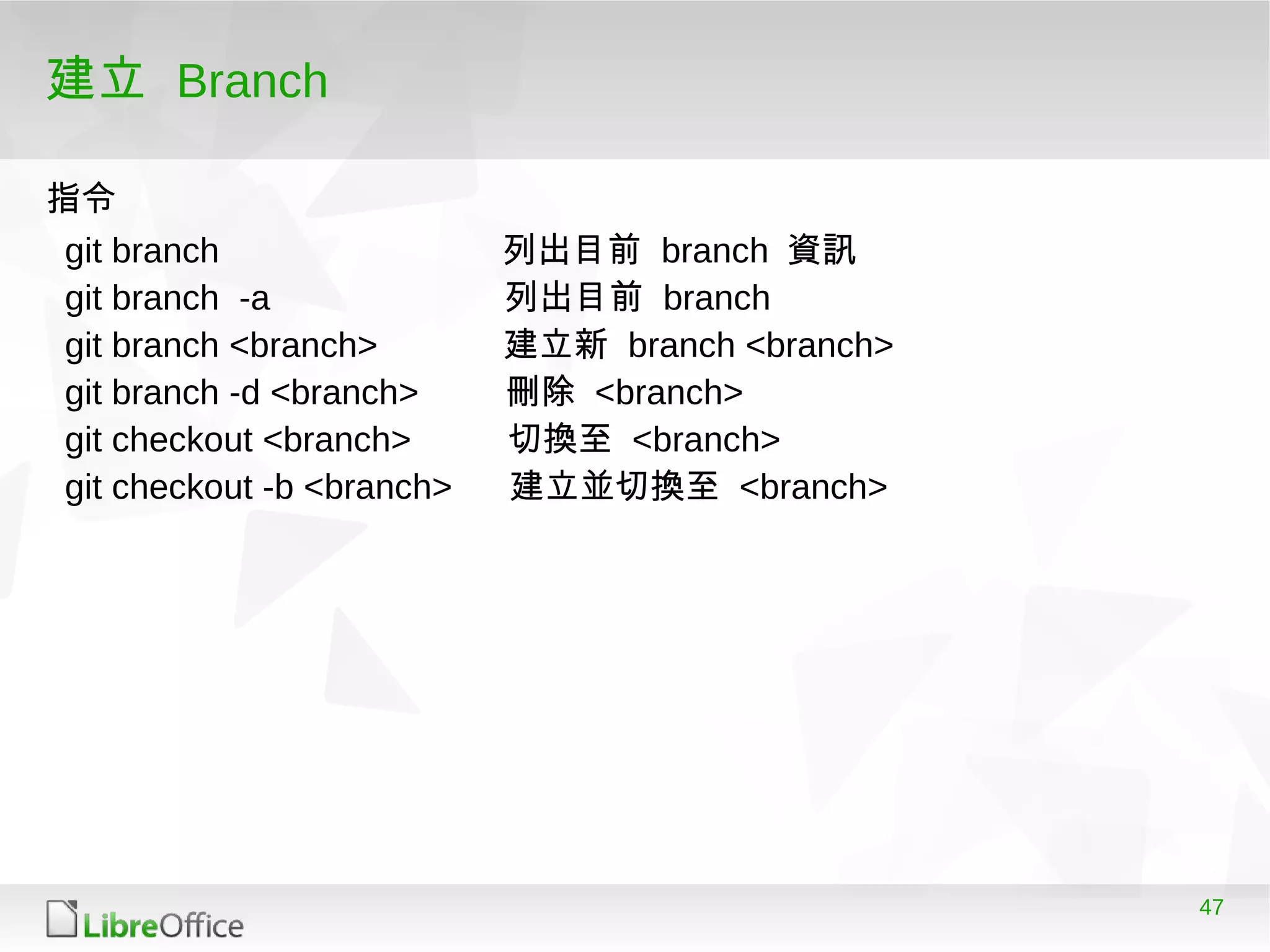 47
建立 Branch
git branch 列出目前 branch 資訊
git branch -a 列出目前 branch
git branch <branch> 建立新 branch <branch>
git branch -d <branch> 刪除 <branch>
git checkout <branch> 切換至 <branch>
git checkout -b <branch> 建立並切換至 <branch>
指令
 