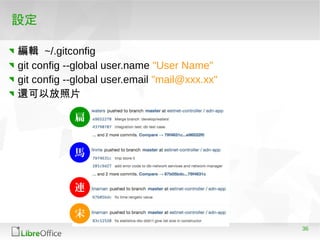 36
設定
編輯 ~/.gitconfig
git config --global user.name "User Name"
git config --global user.email "mail@xxx.xx"
還可以放照片
扁
馬
連
宋
 