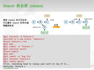 52
Branch 的合併 (rebase)
$git checkout -b feature-C
Switched to a new branch 'feature-C'
$touch feature-c.txt
$git add .
$git commit -m "feature c"
$git checkout master
$touch bugfix
$git add .
$git commit -m "bug fix"
$git checkout feature-C
$git rebase master
First, rewinding head to replay your work on top of it...
Applying: feature c
A B C
master
feature-B
合併
Dfeature-C.txt
bugfix
A B C
master
feature-B
D'
feature-B.txt
透過 rebase 的方式合併，
可以讓各 branch 的有向循
環圖更乾淨
bugfix
 