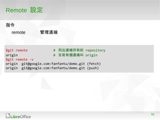 56
Remote 設定
指令指令
remote 管理遠端
$git remote # 列出遠端所有的 repository
origin # 目前有個遠端叫 origin
$git remote -v
origin git@google.com:fanfantu/demo.git (fetch)
origin git@google.com:fanfantu/demo.git (push)
 