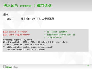 58
把本地的 commit 上傳回遠端
指令指令
push 把本地的 commit 上傳回遠端
$git commit -m "done" # 先 commit 完成修改
$git push origin master # 再把目前的 branch push 到
# origin/master
Counting objects: 5, done.
Writing objects: 100% (3/3), 233 bytes | 0 bytes/s, done.
Total 3 (delta 0), reused 0 (delta 0)
To git@controller.estinet.com:linms/demo.git
2423264..49047fc master -> master
 