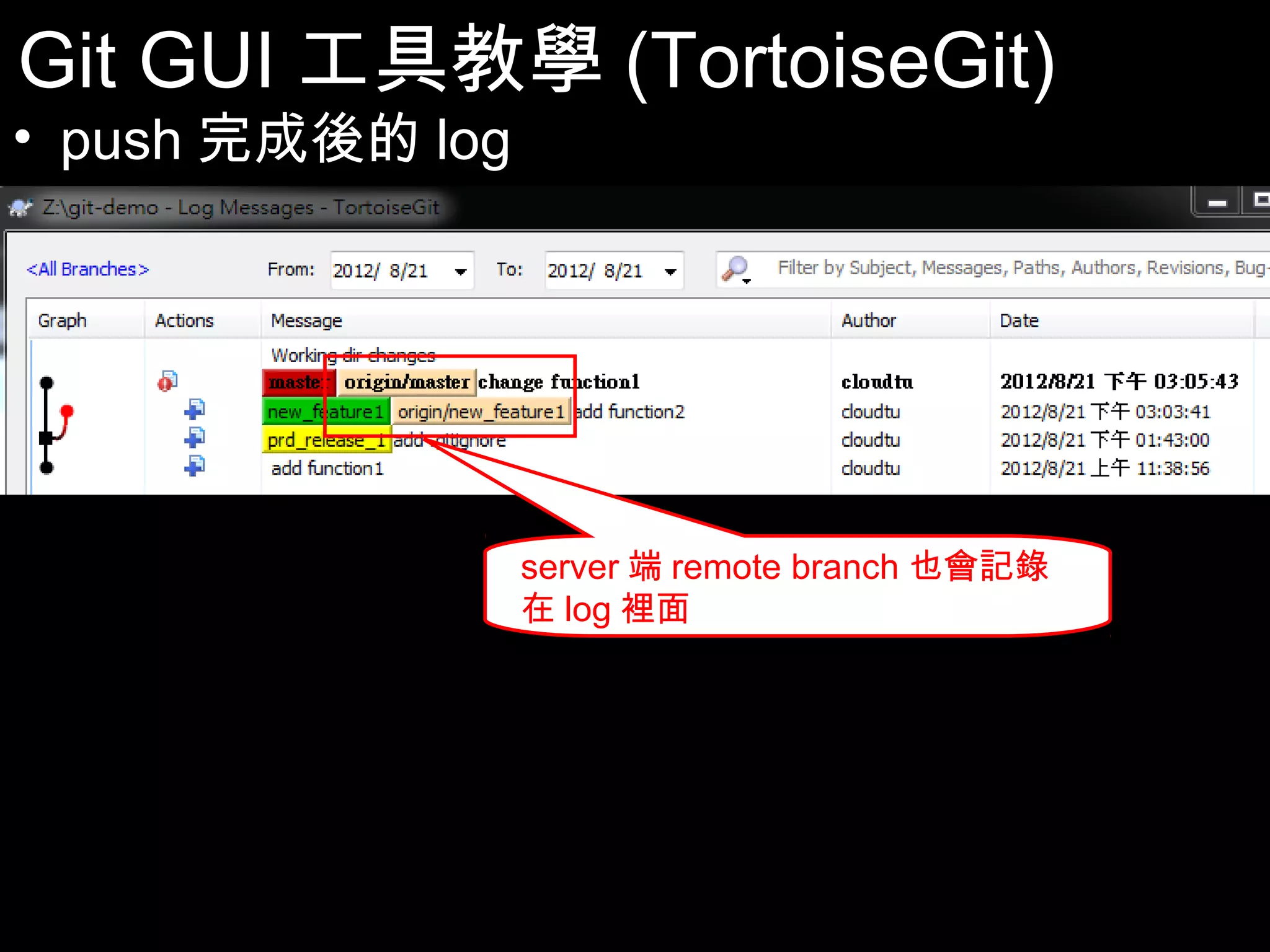 Git GUI工具教學(TortoiseGit) • push完成後的log server端remote branch也會記錄在 log裡面 100 